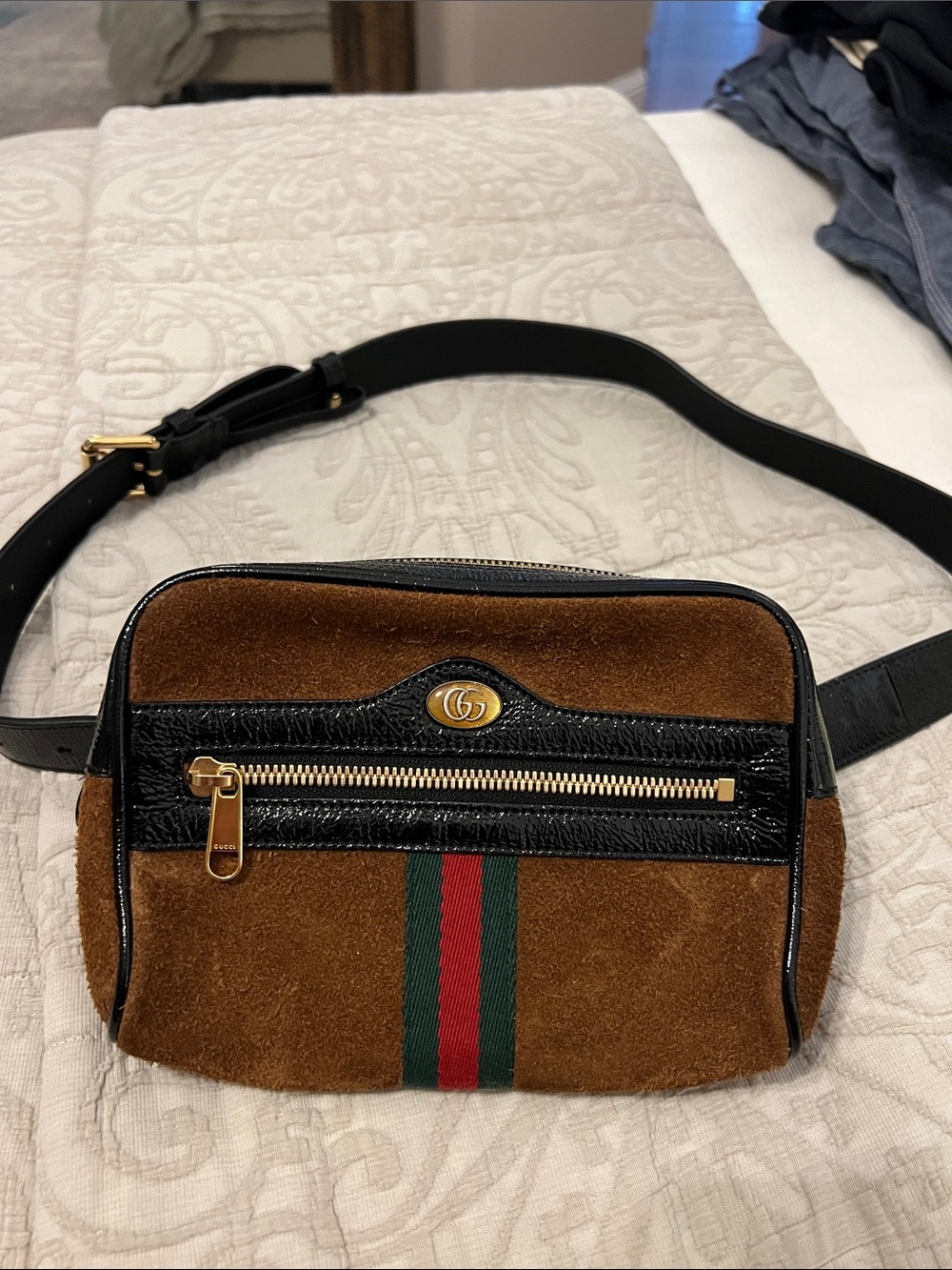 Gucci Brown Suede Web Stripe Leather-Trim Belt Bag with Gold Hardware
